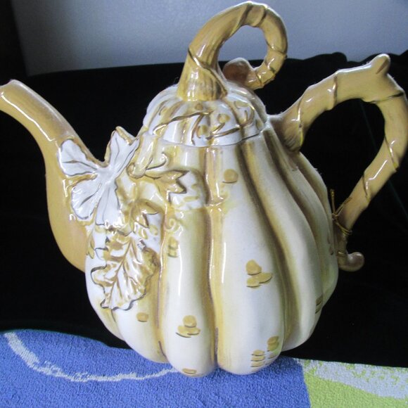 Harvest Pumpkin Gourd Teapot Ivory and Gold by Heather Goldminc Blue Sky - Picture 1 of 10